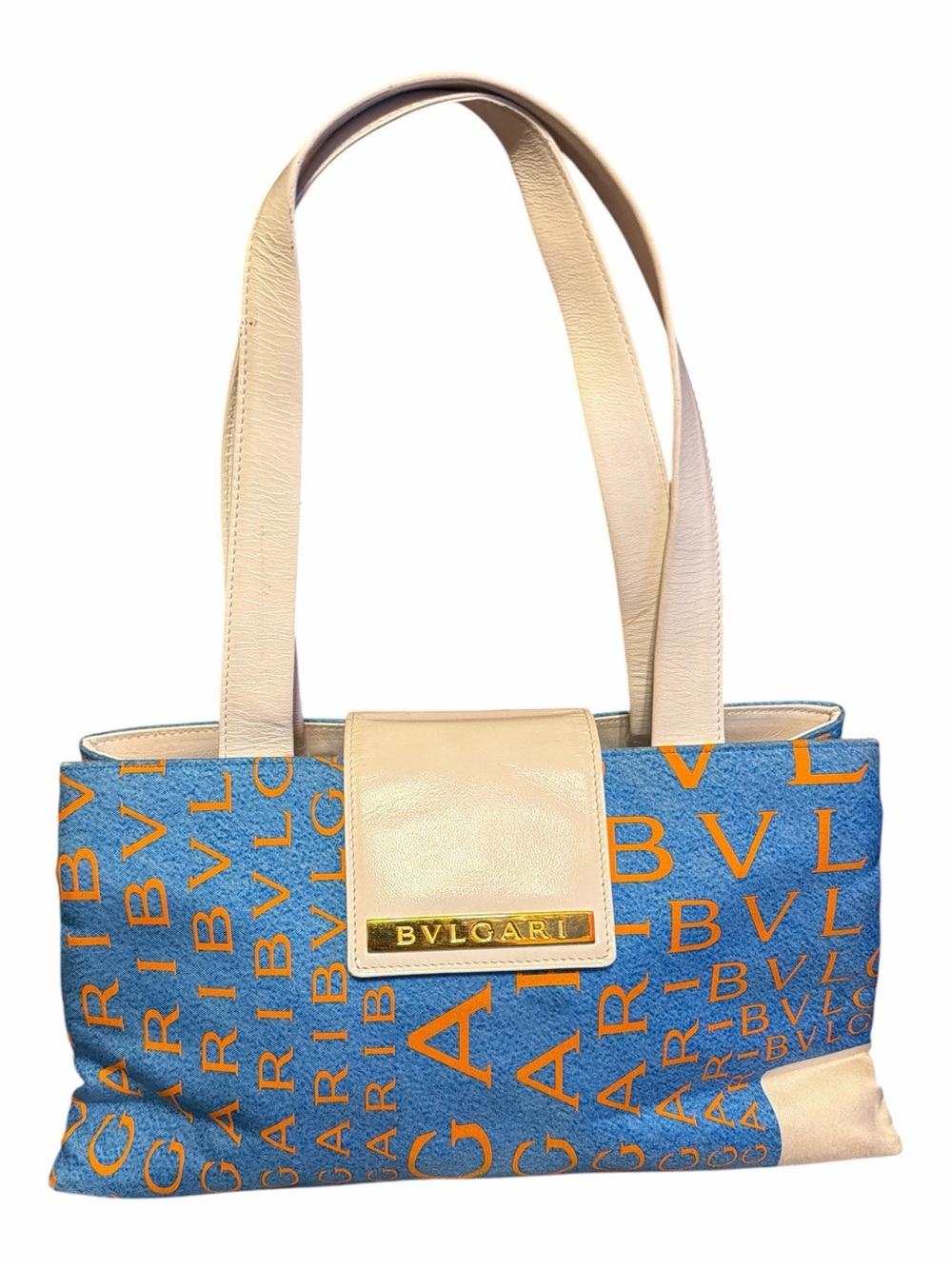 Rare AUTHENTIC Vintage Bvlgari Blue & Orange Logomania Canvas Tote Bag Y2K